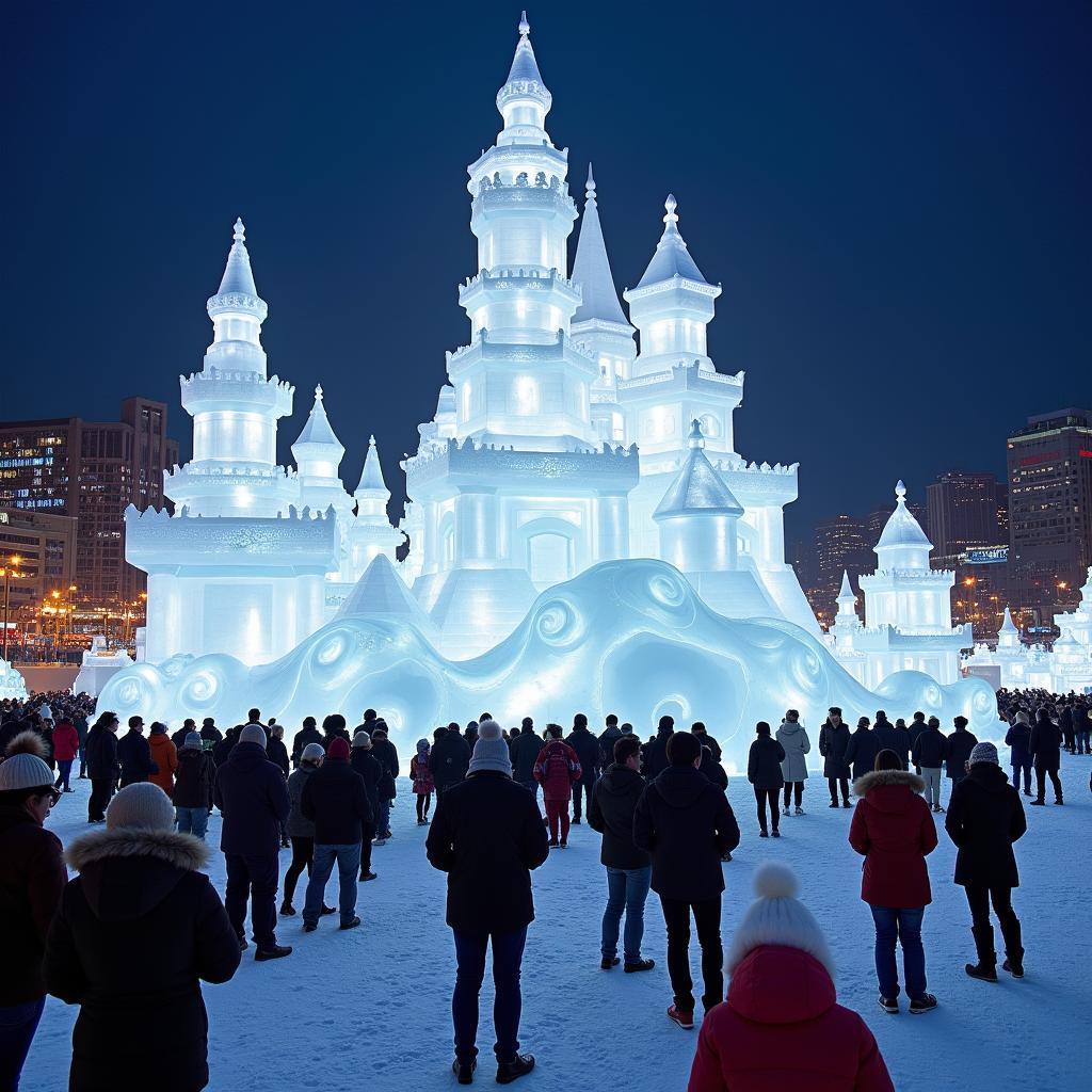 Lễ hội tuyết Sapporo với tượng băng khổng lồ và du khách khám phá vào tháng 2